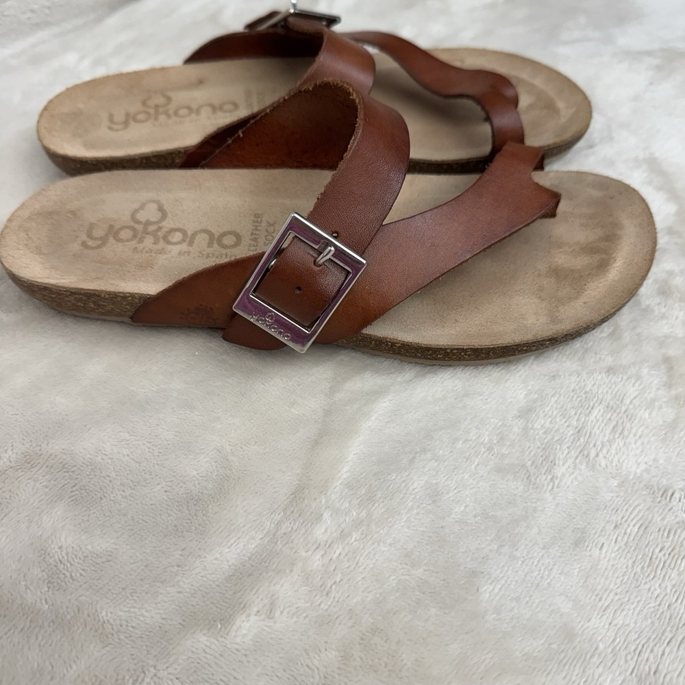 Yokono Leather Toe Loop Sandals Brown Buckle Comfort Slide Women EU 37 US 6.5 - Picture 3 of 11